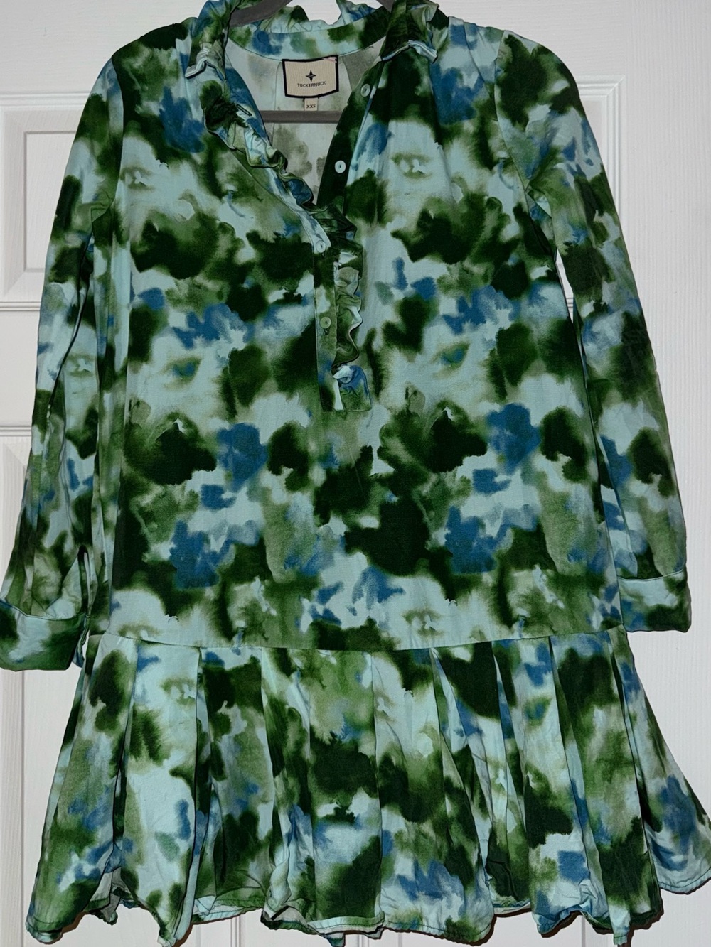 Tuckernuck Green & Blue Watercolor Ruffle Dress Top
